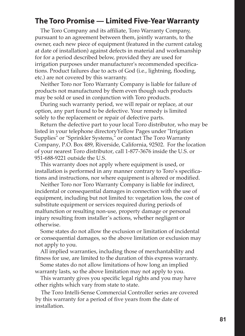 The toro promise — limited five-year warranty | Toro 12 User Manual | Page 87 / 88