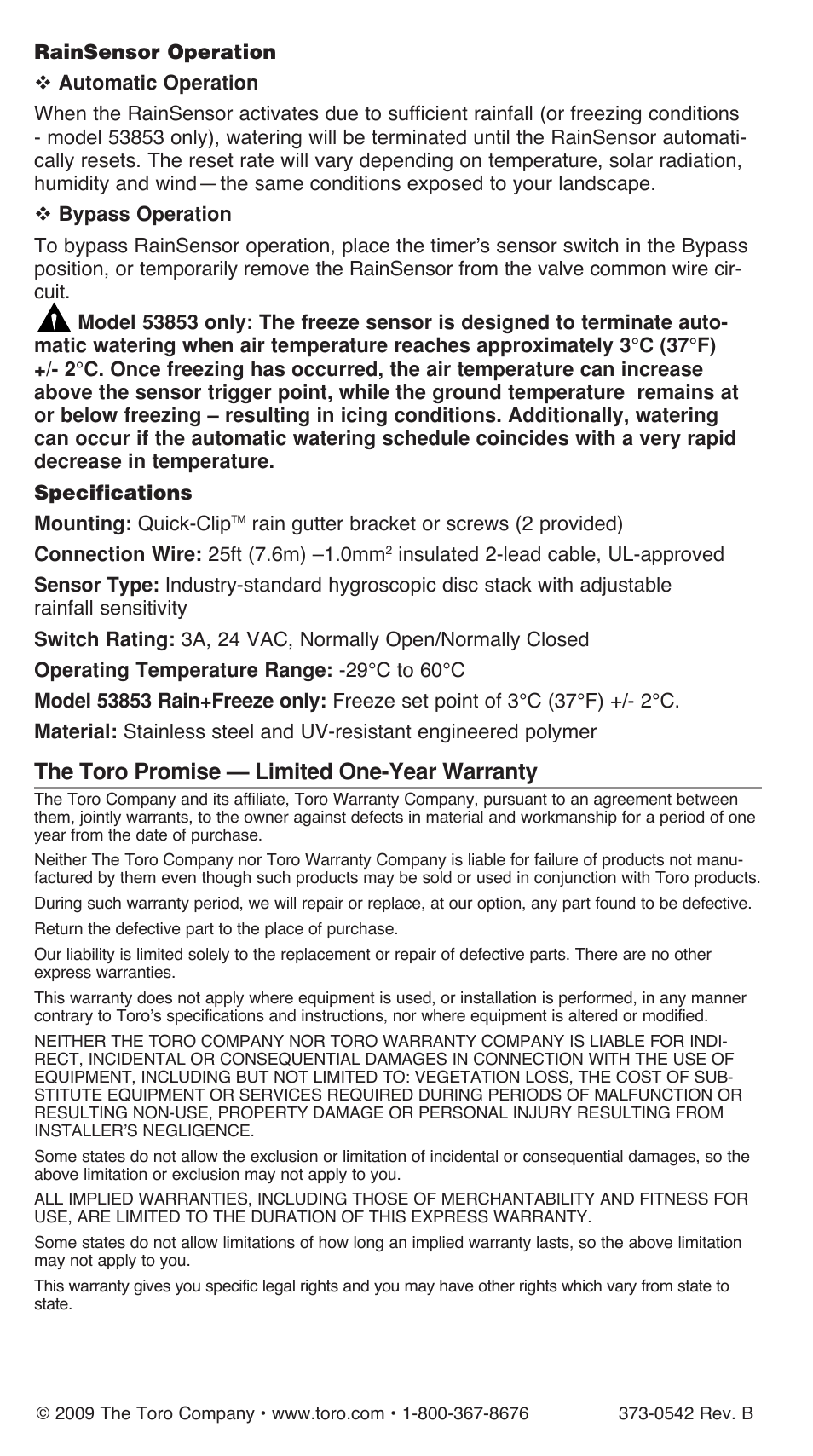 The toro promise — limited one-year warranty | Toro WIRED RAINSENSOR 53853 User Manual | Page 6 / 12