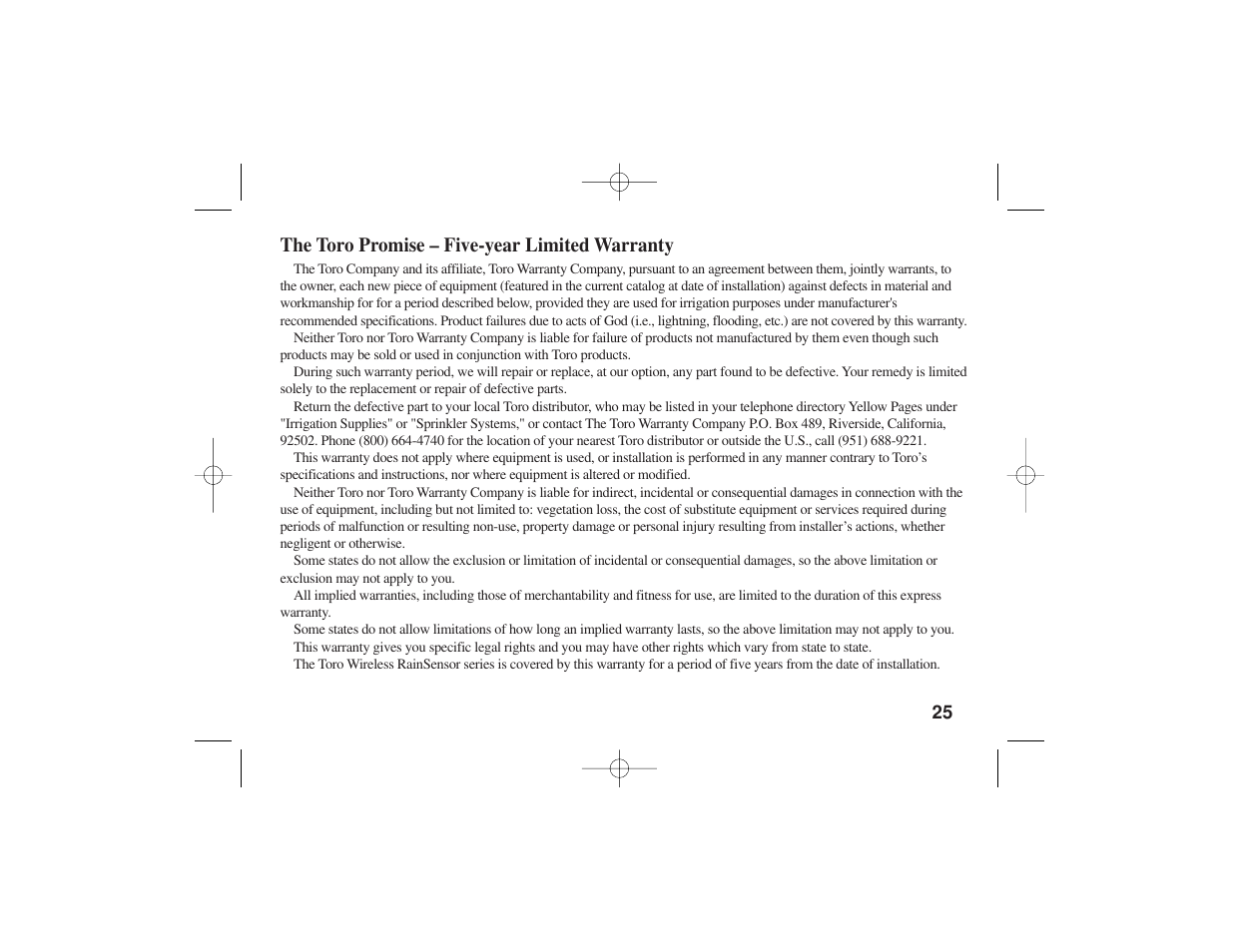 The toro promise – five-year limited warranty | Toro TWRS User Manual | Page 27 / 28