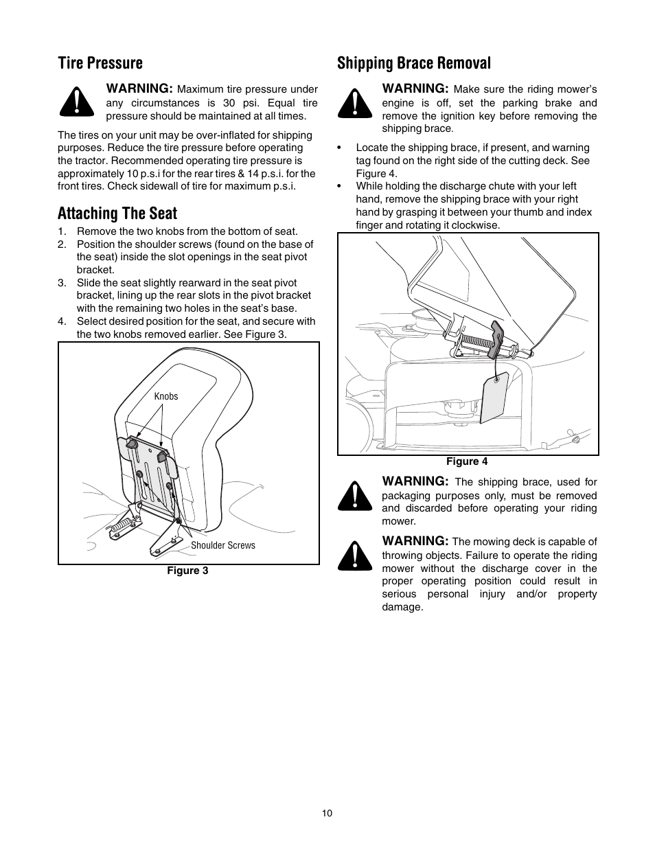 Tire pressure, Attaching the seat, Shipping brace removal | Toro 71430 User Manual | Page 10 / 32