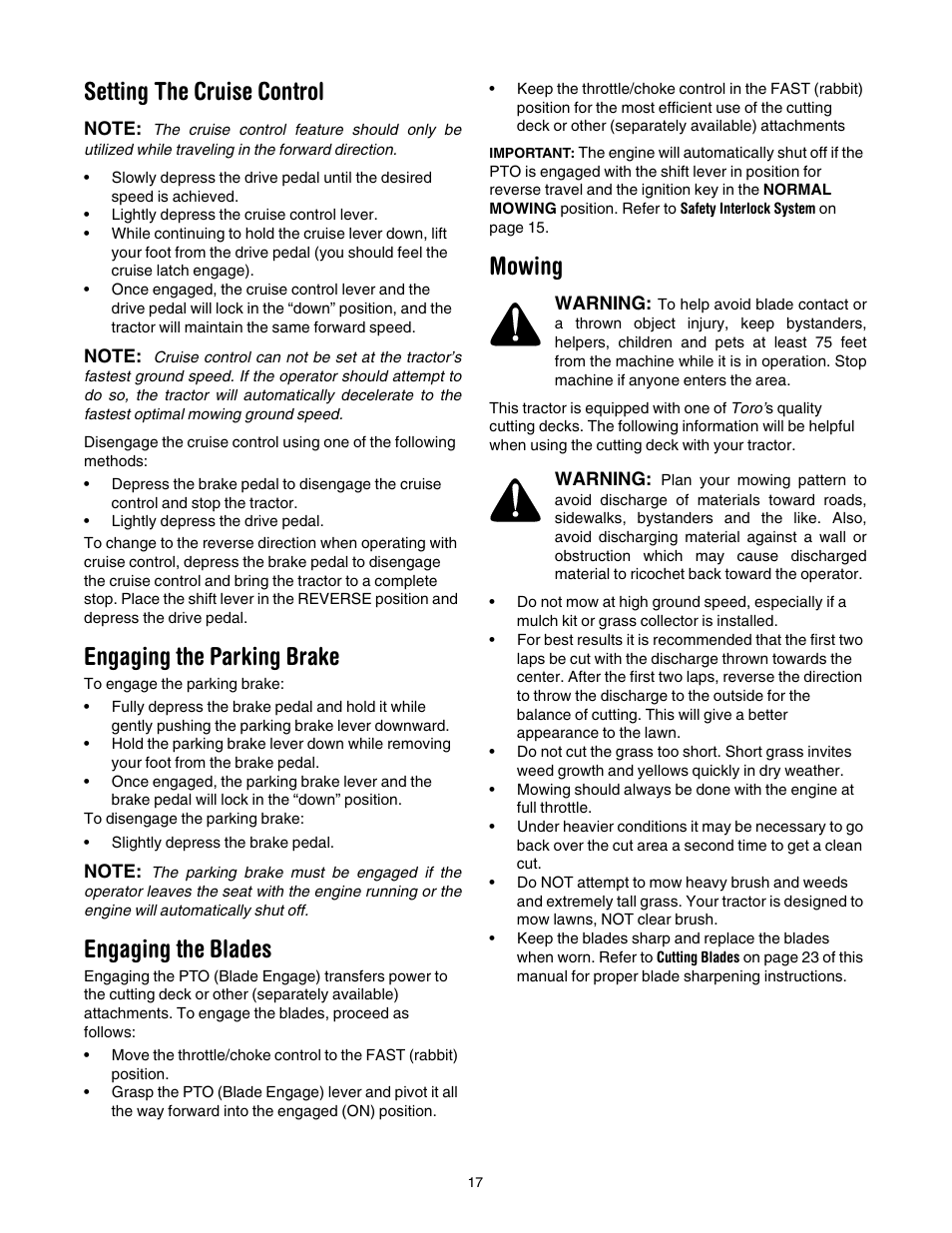 Setting the cruise control, Engaging the parking brake, Engaging the blades | Mowing | Toro 71430 User Manual | Page 17 / 32