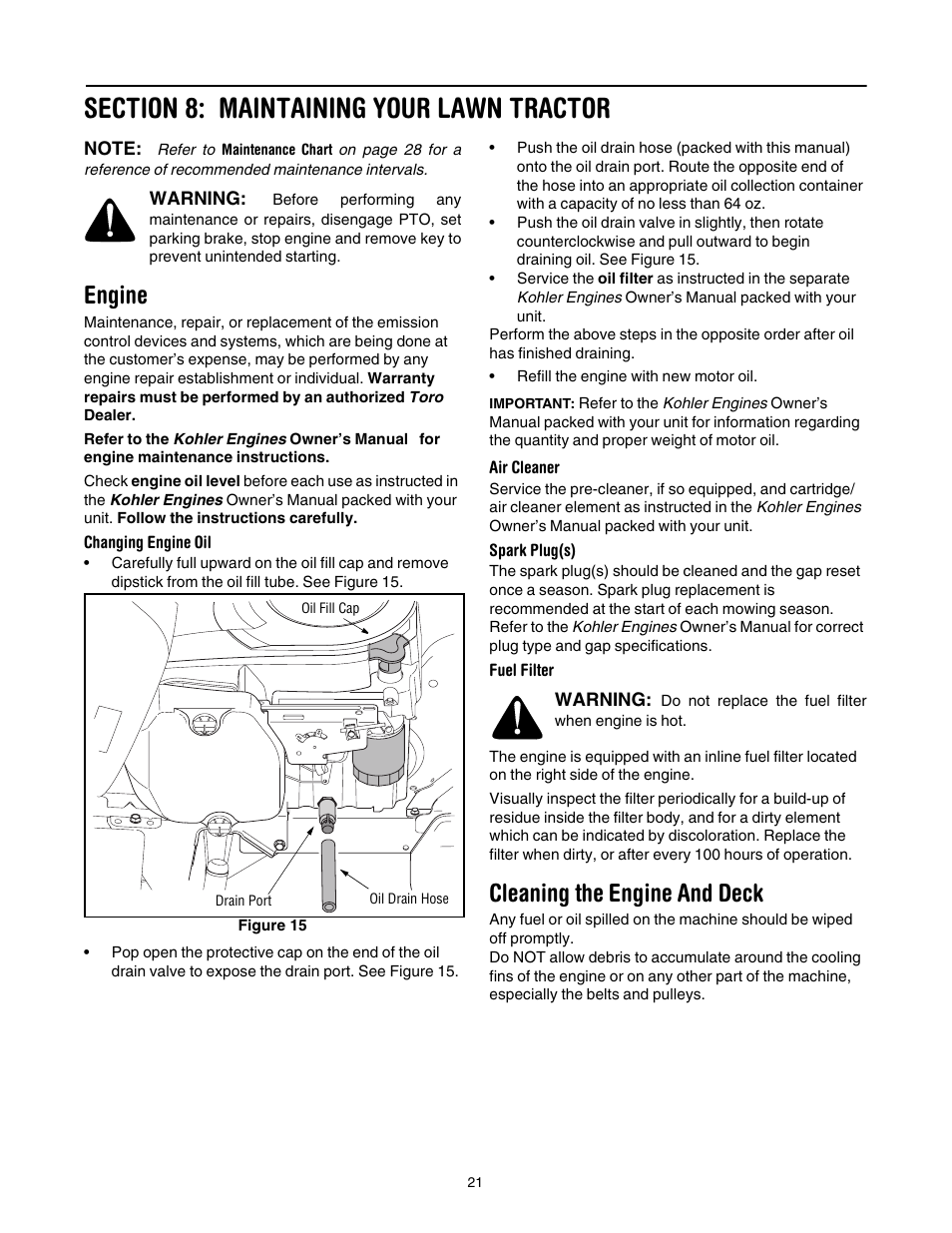 Section 8: maintaining your lawn tractor, Engine, Cleaning the engine and deck | Toro 71430 User Manual | Page 21 / 32