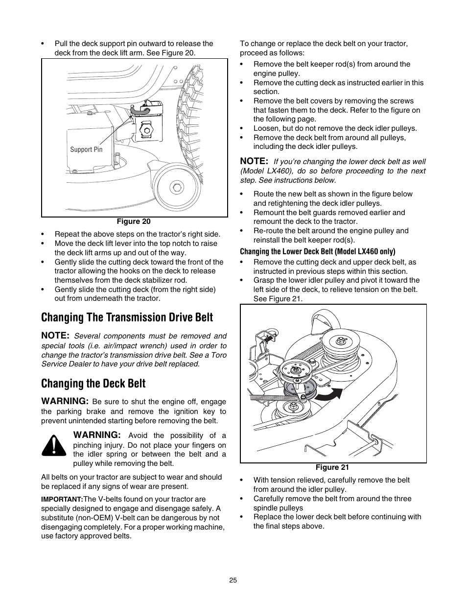 Changing the transmission drive belt, Changing the deck belt | Toro 71430 User Manual | Page 25 / 32