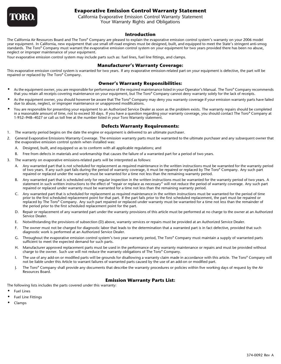 Evaporative emission control warranty statement | Toro 71430 User Manual | Page 31 / 32