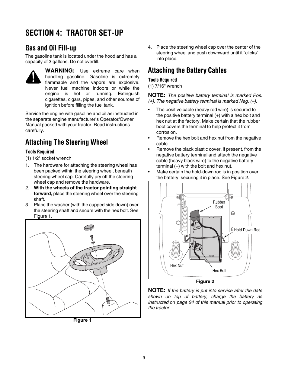 Section 4: tractor set-up, Gas and oil fill-up, Attaching the steering wheel | Attaching the battery cables | Toro 71430 User Manual | Page 9 / 32
