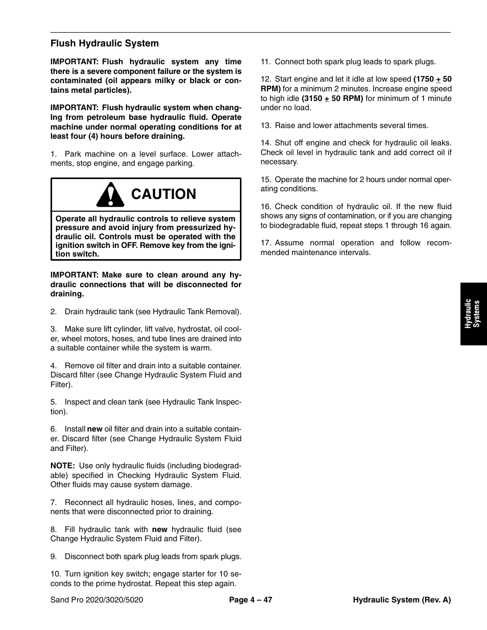 Flush hydraulic system, Caution | Toro Sand Pro 5020 User Manual | Page 97 / 170