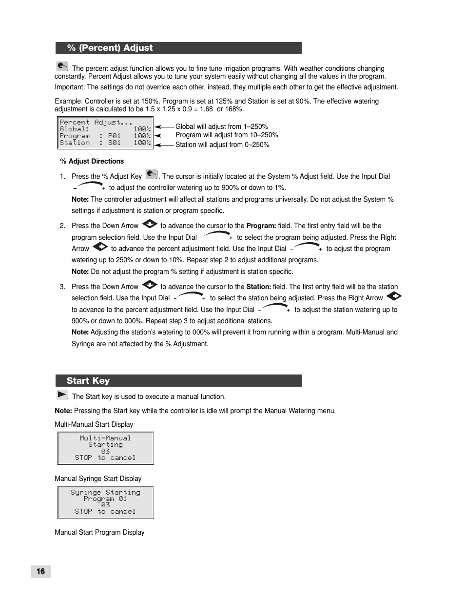 Start key, Percent) adjust | Toro TDC-100/200 User Manual | Page 16 / 20