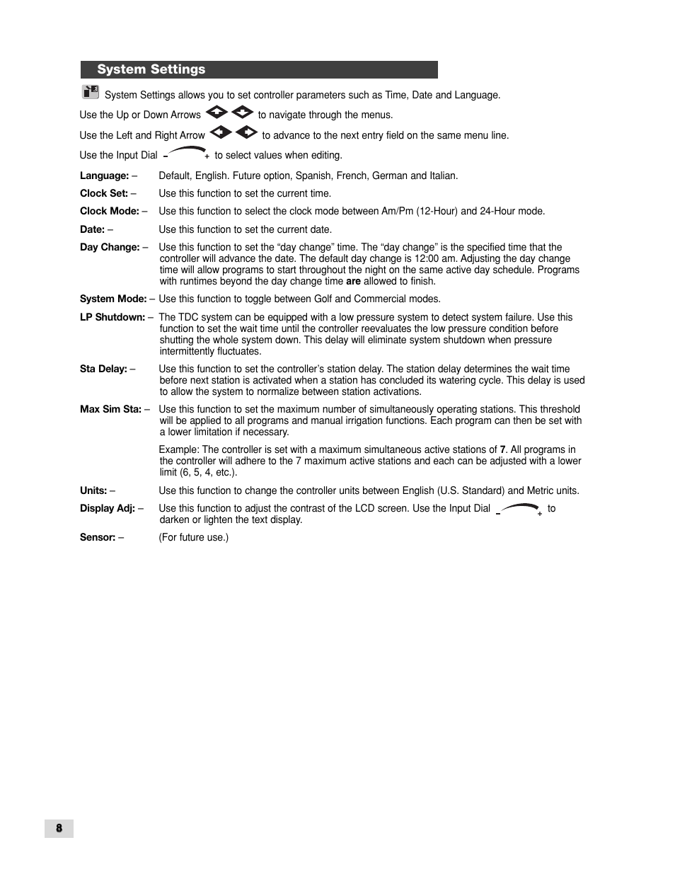 System settings | Toro TDC-100/200 User Manual | Page 8 / 20