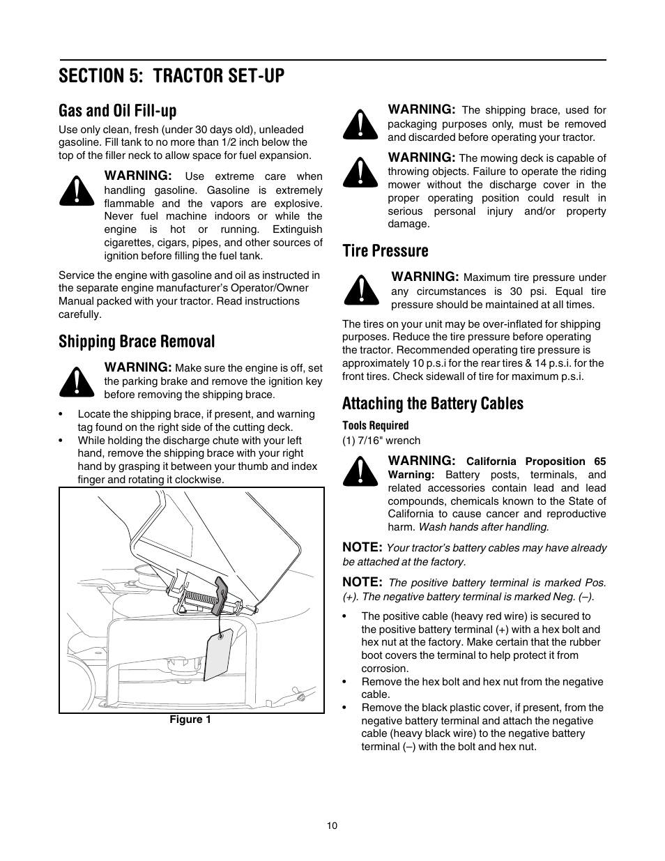 Section 5: tractor set-up, Gas and oil fill-up, Shipping brace removal | Tire pressure, Attaching the battery cables | Toro 14AP80RP744 User Manual | Page 10 / 32