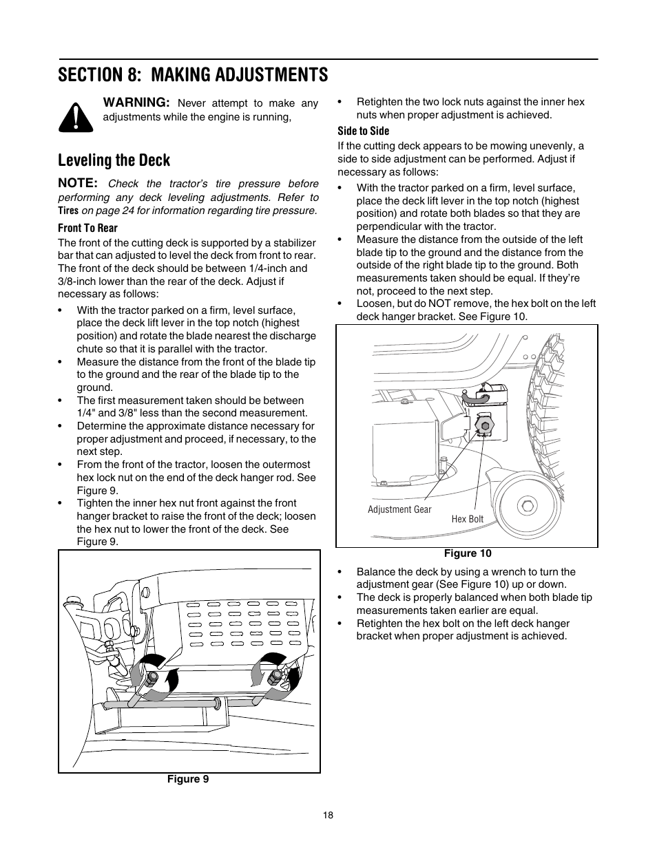 Section 8: making adjustments, Leveling the deck, 18 of | Toro 14AP80RP744 User Manual | Page 18 / 32