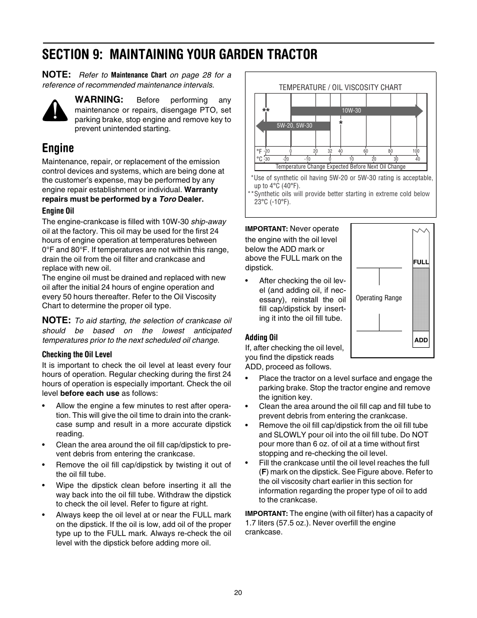 Section 9: maintaining your garden tractor, Engine, Warning | Toro 14AP80RP744 User Manual | Page 20 / 32