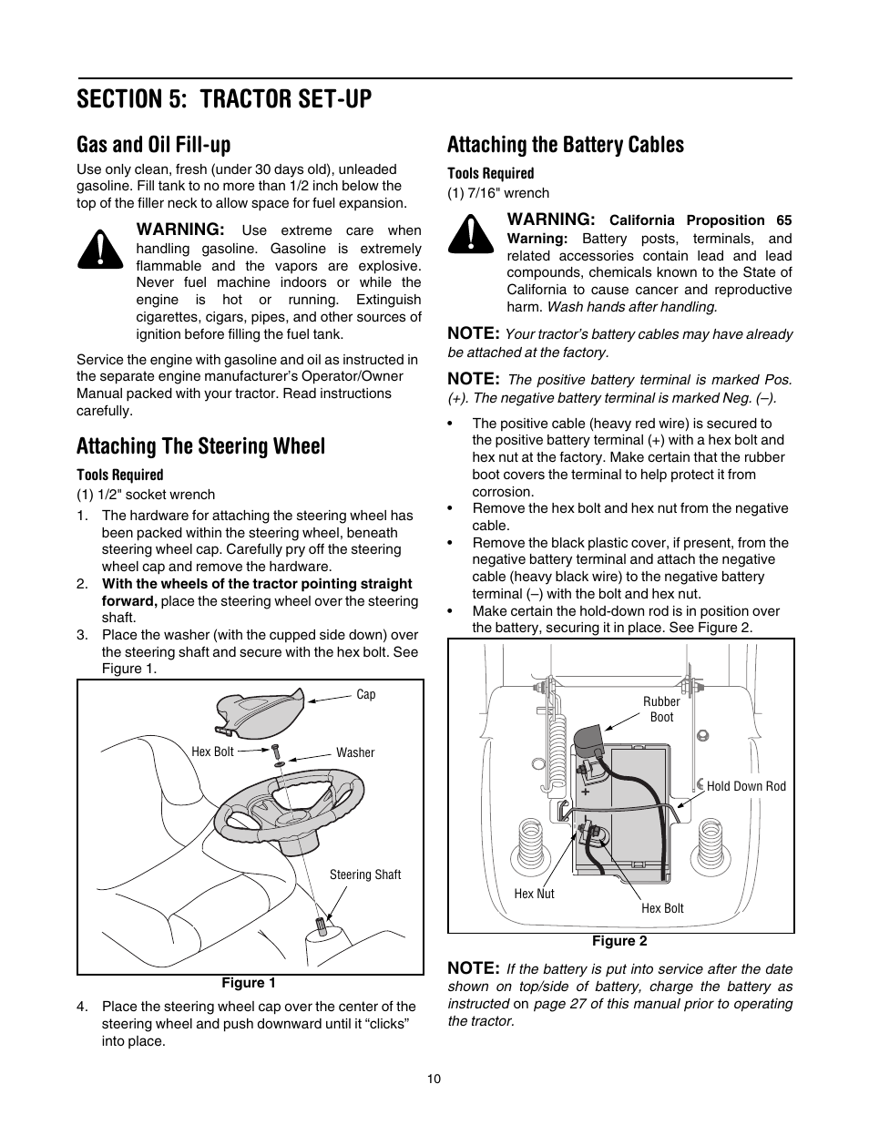 Section 5: tractor set-up, Gas and oil fill-up, Attaching the steering wheel | Attaching the battery cables | Toro 14AK81RK744 User Manual | Page 10 / 36