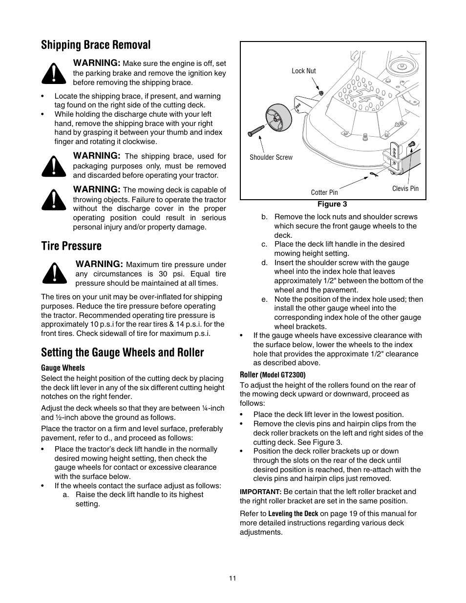 Shipping brace removal, Tire pressure, Setting the gauge wheels and roller | Toro 14AK81RK744 User Manual | Page 11 / 36