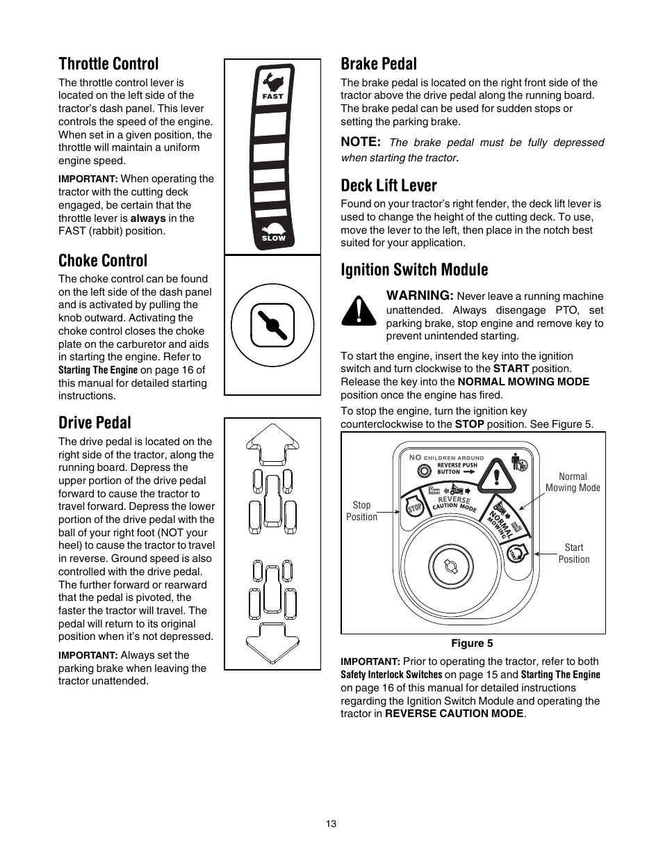 Throttle control, Choke control, Drive pedal | Brake pedal, Deck lift lever, Ignition switch module | Toro 14AK81RK744 User Manual | Page 13 / 36