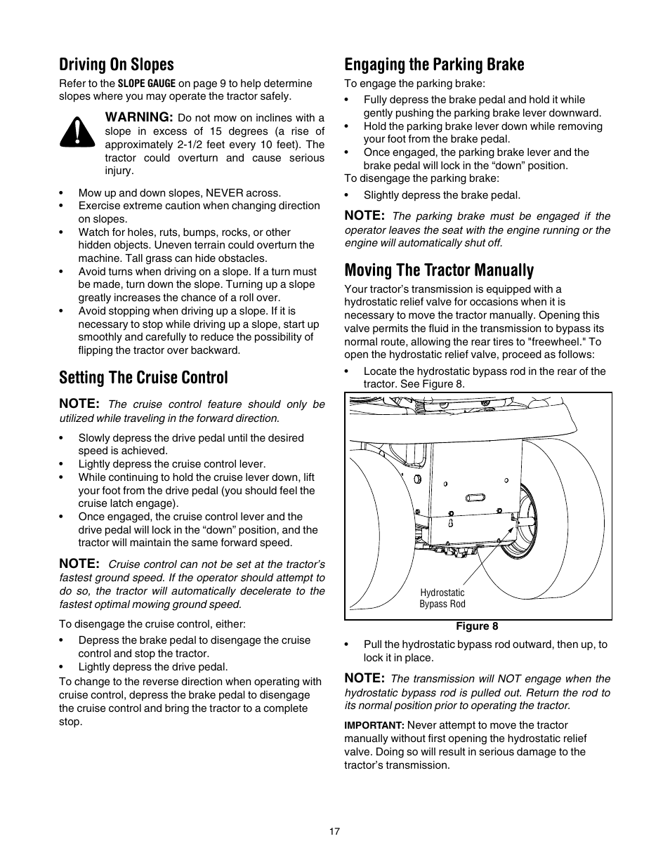 Driving on slopes, Setting the cruise control, Engaging the parking brake | Moving the tractor manually | Toro 14AK81RK744 User Manual | Page 17 / 36