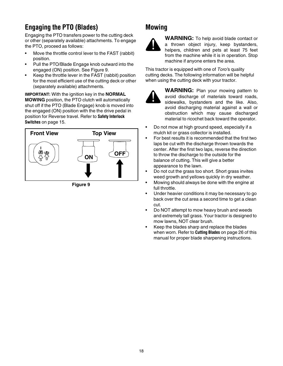 Engaging the pto (blades), Mowing | Toro 14AK81RK744 User Manual | Page 18 / 36