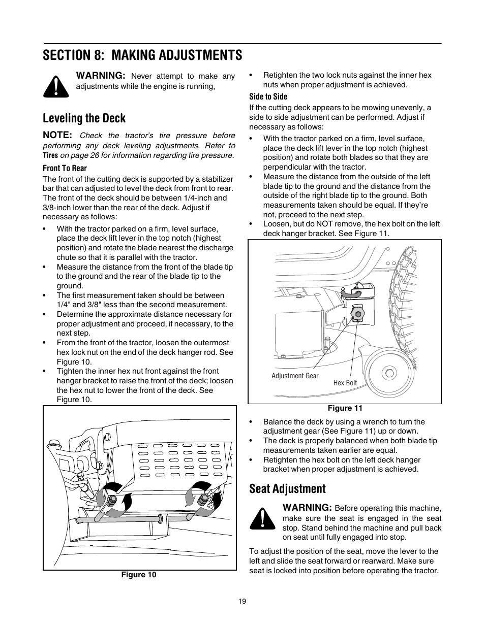 Section 8: making adjustments, Leveling the deck, Seat adjustment | Toro 14AK81RK744 User Manual | Page 19 / 36