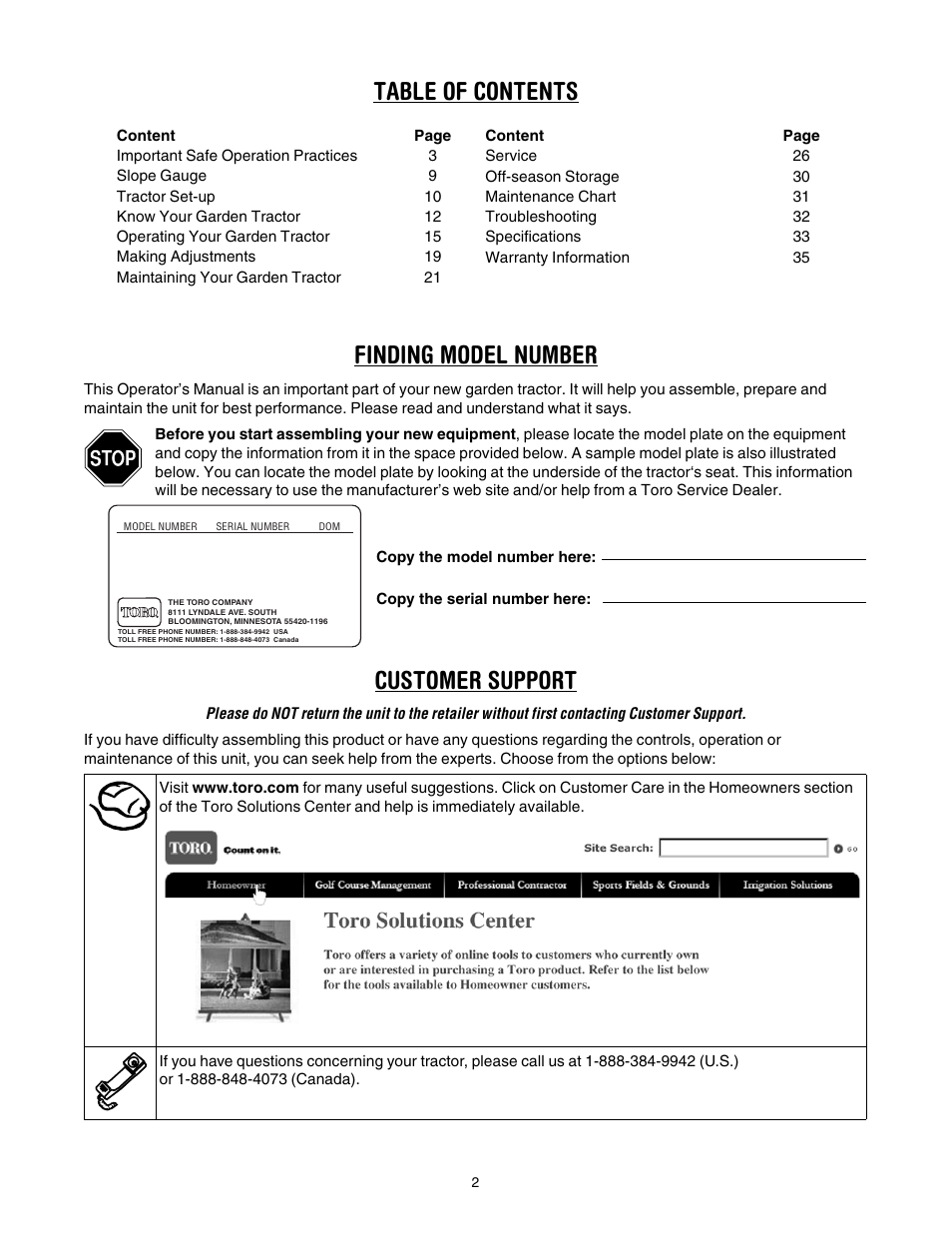 Table of contents finding model number, Customer support | Toro 14AK81RK744 User Manual | Page 2 / 36