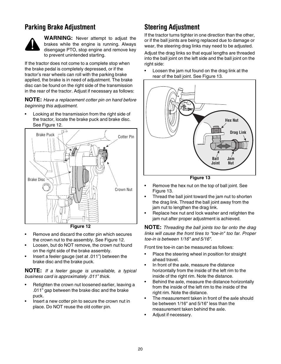 Parking brake adjustment, Steering adjustment | Toro 14AK81RK744 User Manual | Page 20 / 36