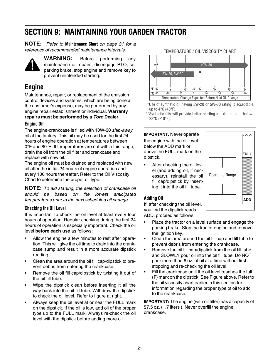 Section 9: maintaining your garden tractor, Engine, Warning | Toro 14AK81RK744 User Manual | Page 21 / 36