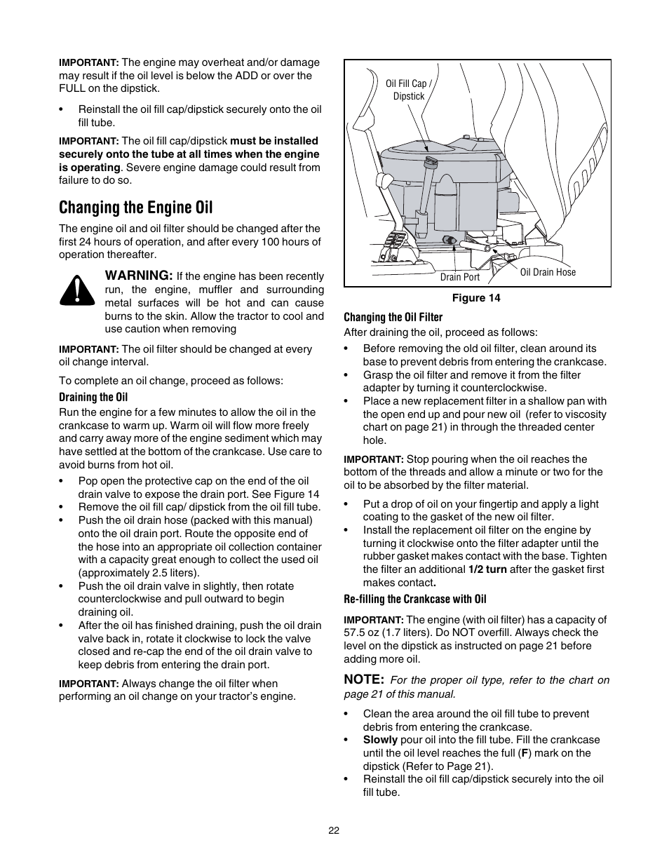 Changing the engine oil | Toro 14AK81RK744 User Manual | Page 22 / 36