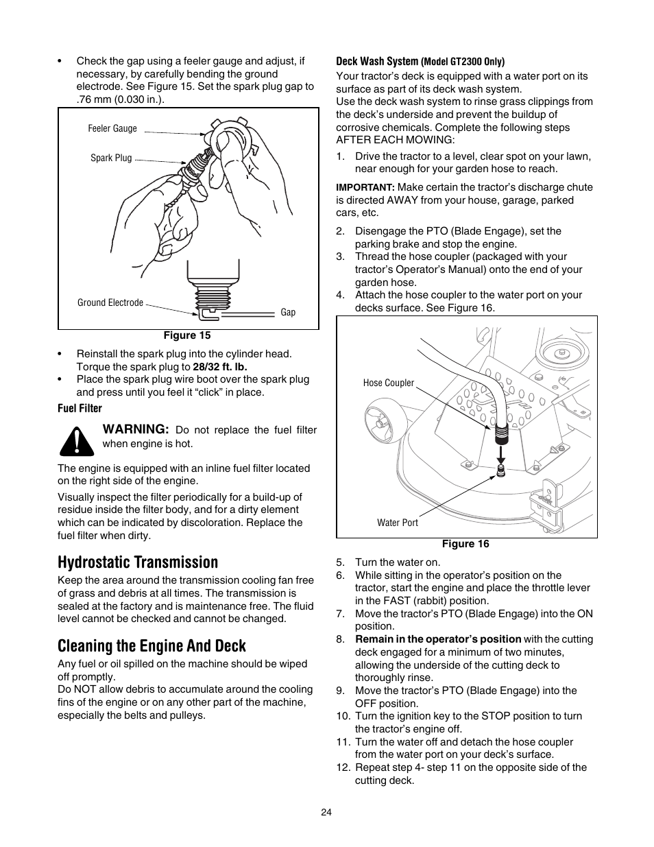 Hydrostatic transmission, Cleaning the engine and deck | Toro 14AK81RK744 User Manual | Page 24 / 36