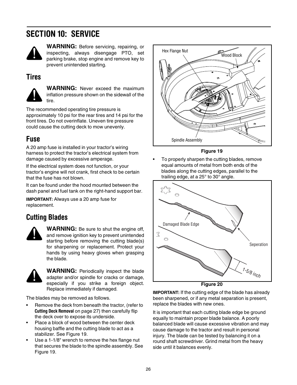 Section 10: service, Tires, Fuse | Cutting blades, 26 f | Toro 14AK81RK744 User Manual | Page 26 / 36