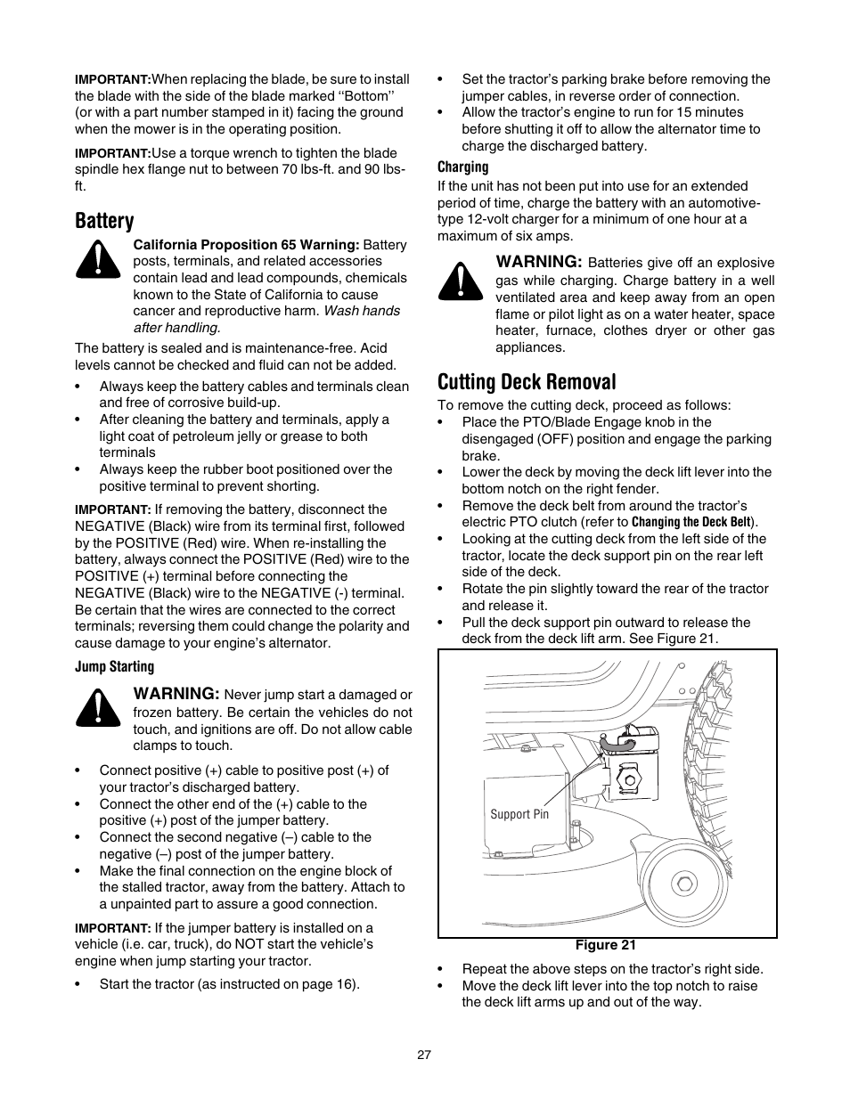 Battery, Cutting deck removal, Ge 27 | Toro 14AK81RK744 User Manual | Page 27 / 36