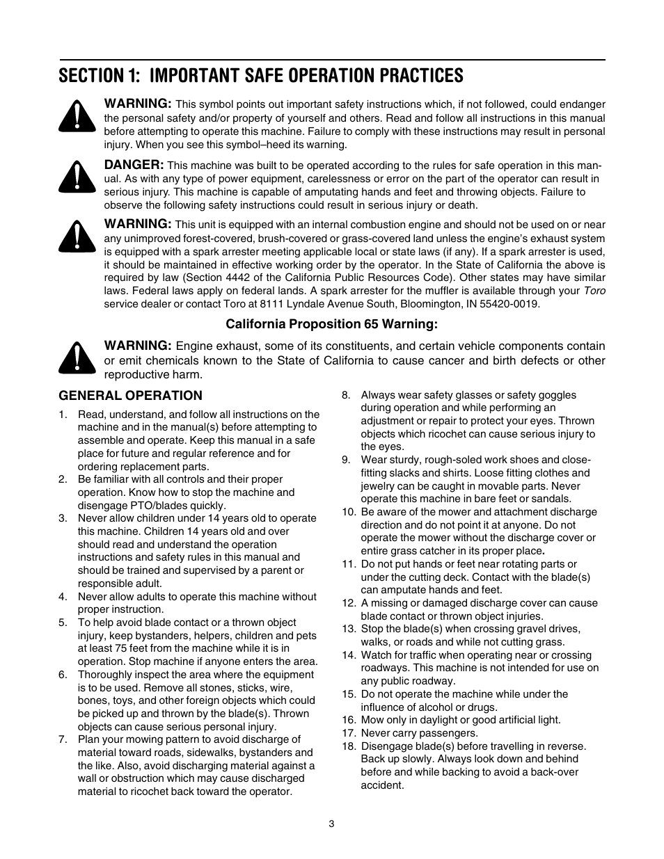 Section 1: important safe operation practices | Toro 14AK81RK744 User Manual | Page 3 / 36