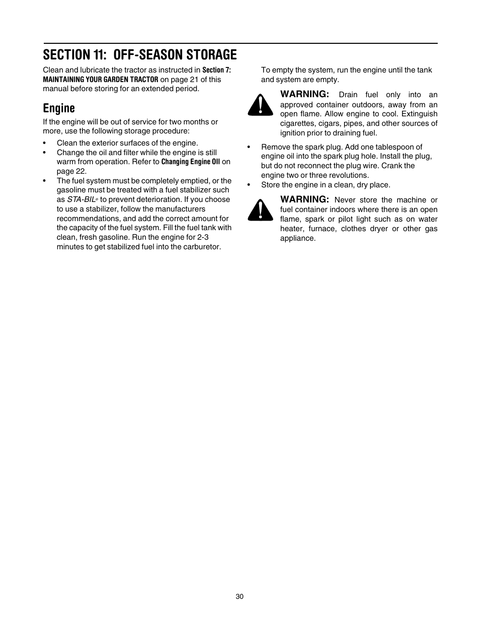 Section 11: off-season storage, Engine | Toro 14AK81RK744 User Manual | Page 30 / 36