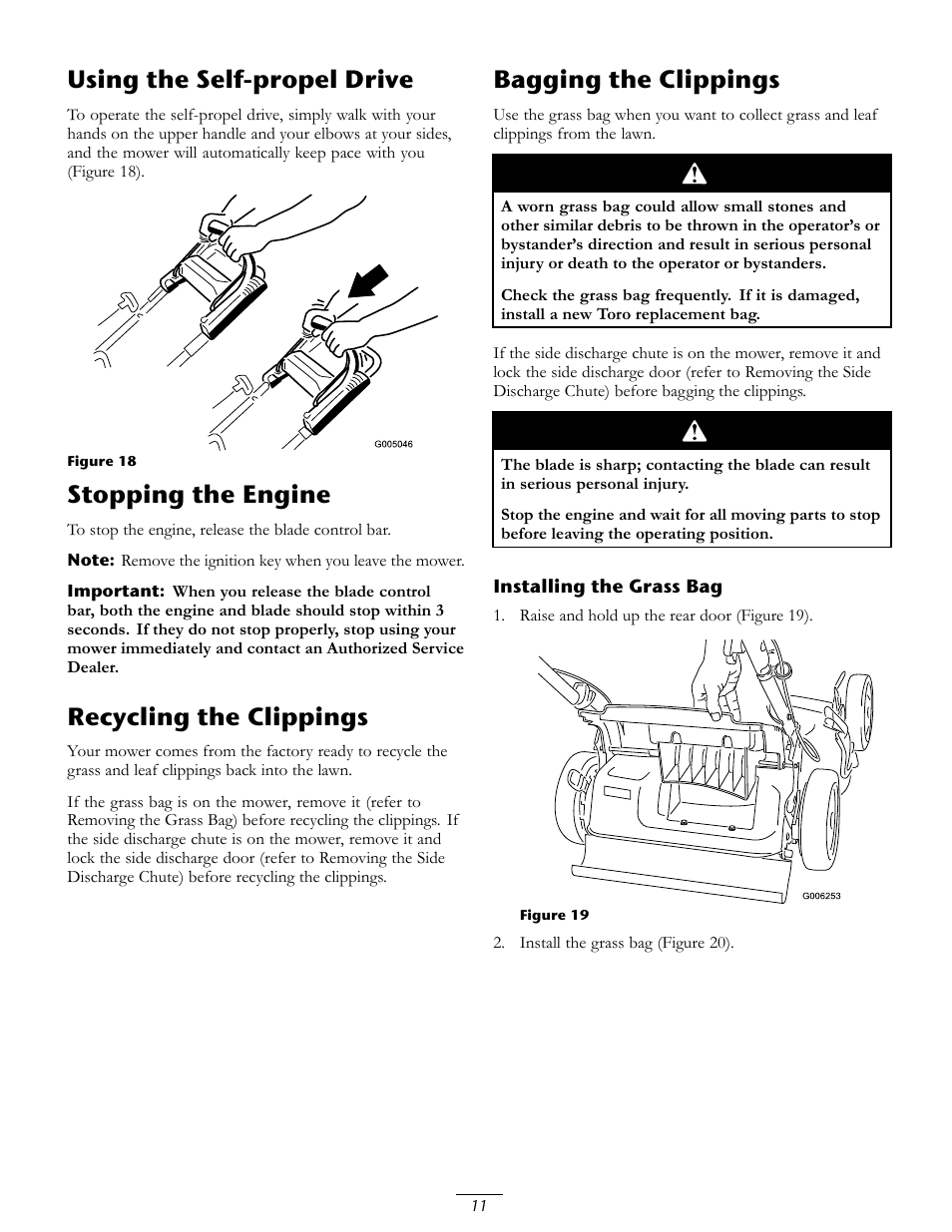 Using the self-propel drive, Stopping the engine, Recycling the clippings | Bagging the clippings | Toro 20067 User Manual | Page 11 / 20
