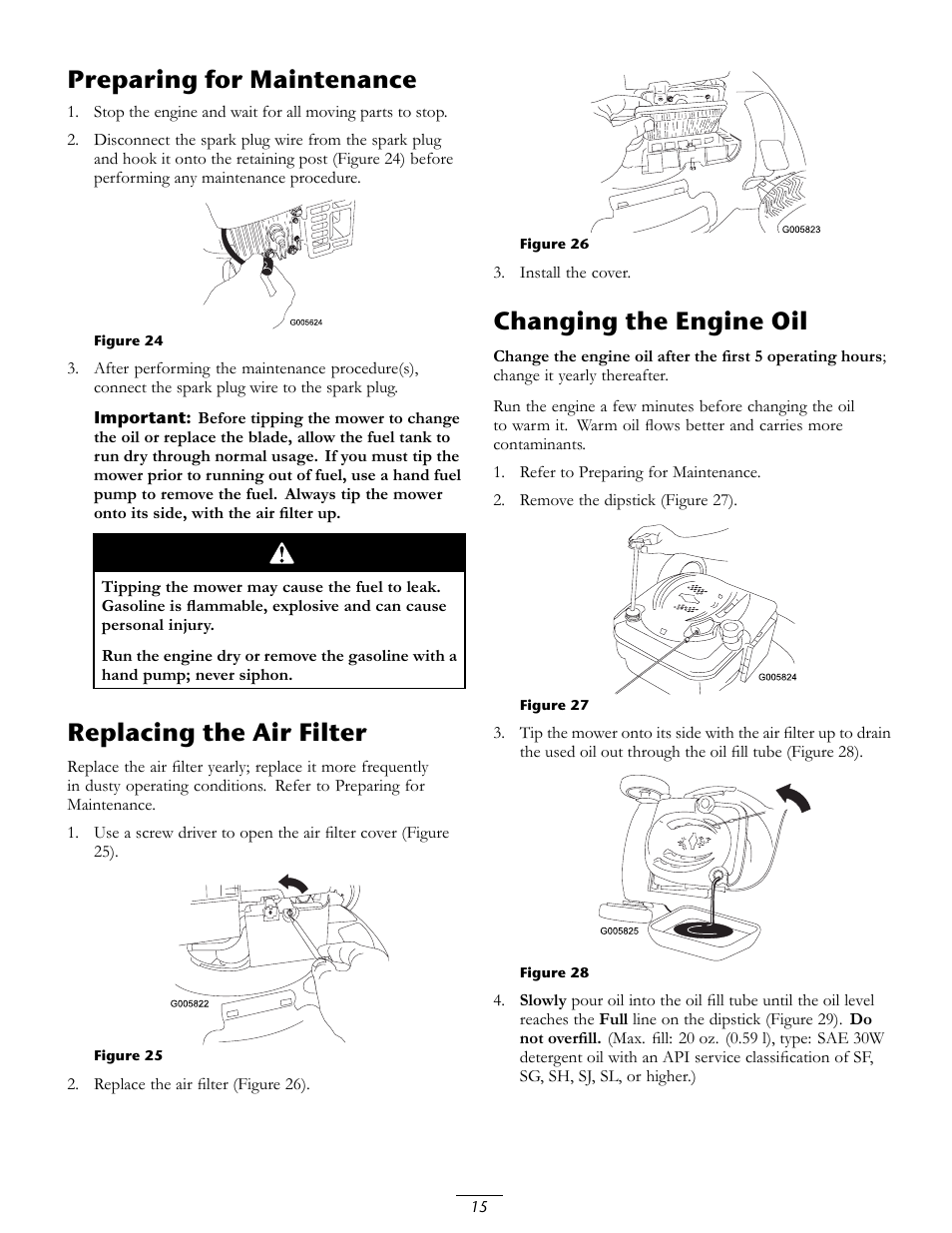Preparing for maintenance, Replacing the air filter, Changing the engine oil | Toro 20067 User Manual | Page 15 / 20