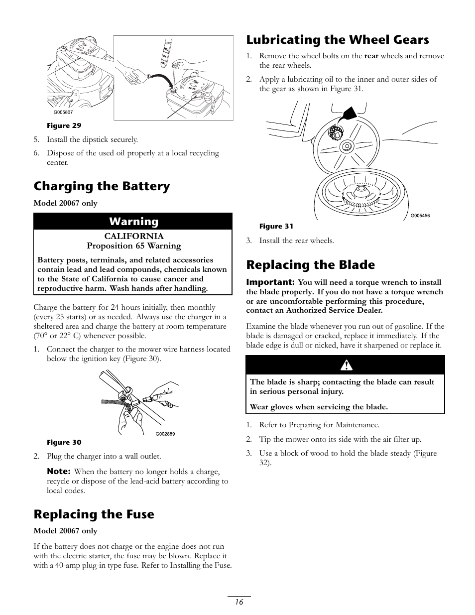 Charging the battery, Replacing the fuse, Lubricating the wheel gears | Replacing the blade | Toro 20067 User Manual | Page 16 / 20