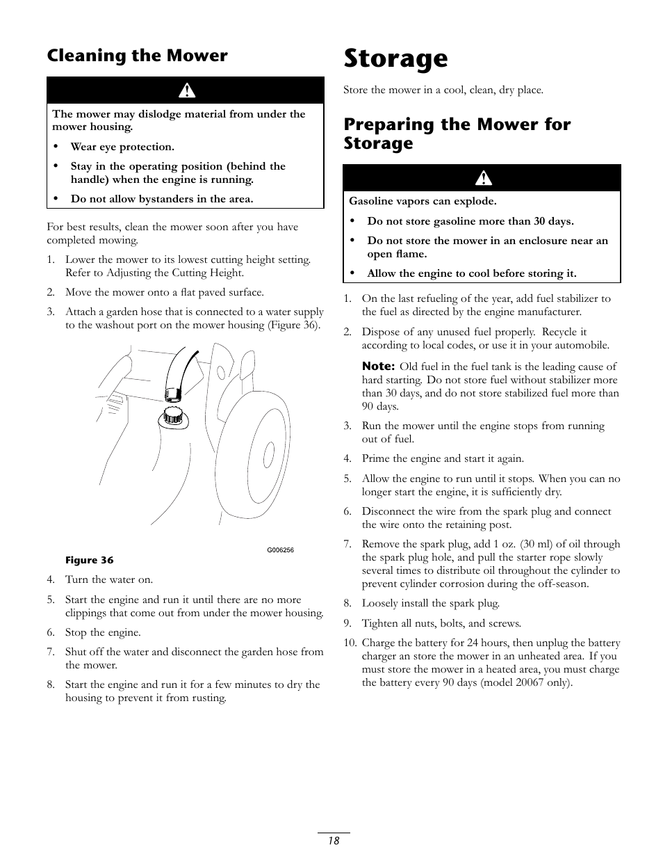 Storage, Cleaning the mower, Preparing the mower for storage | Toro 20067 User Manual | Page 18 / 20