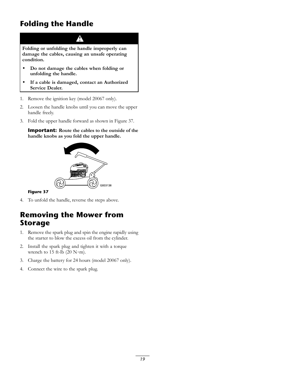 Folding the handle, Removing the mower from storage | Toro 20067 User Manual | Page 19 / 20