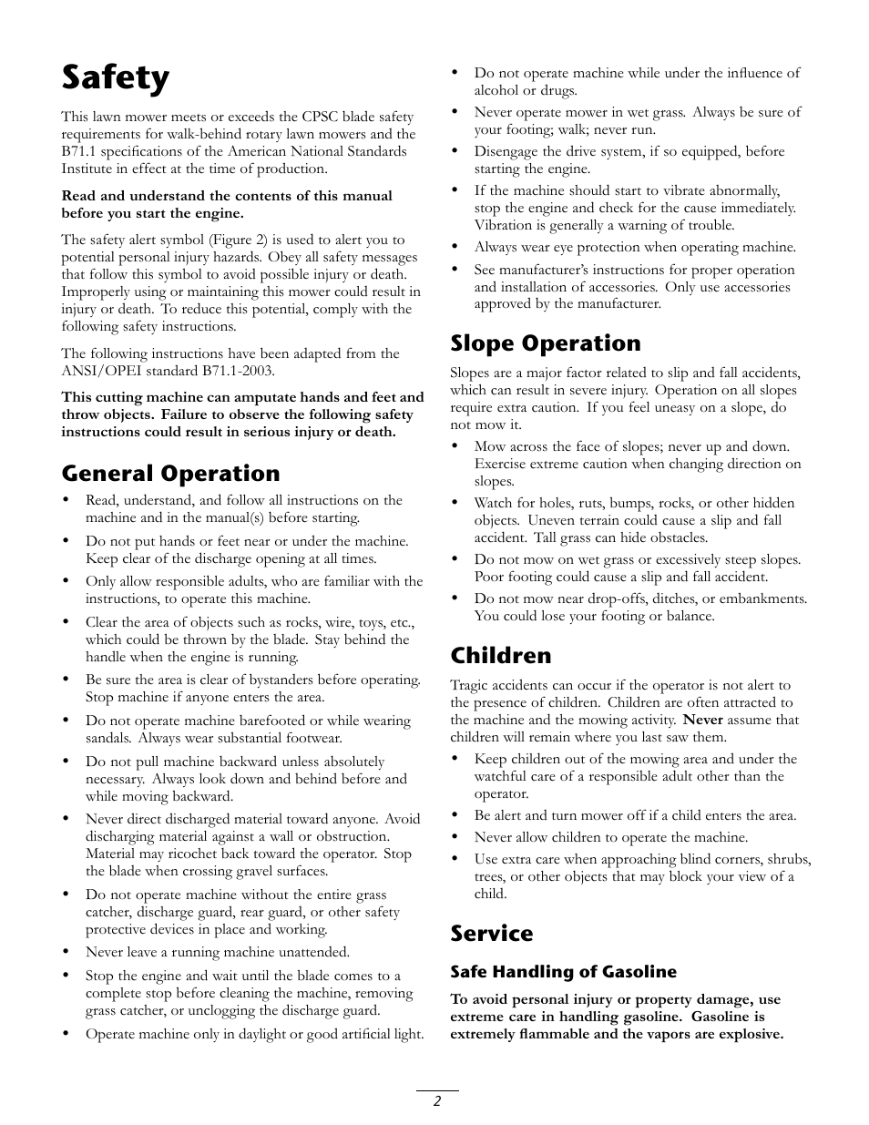 Safety, General operation, Slope operation | Children, Service | Toro 20067 User Manual | Page 2 / 20