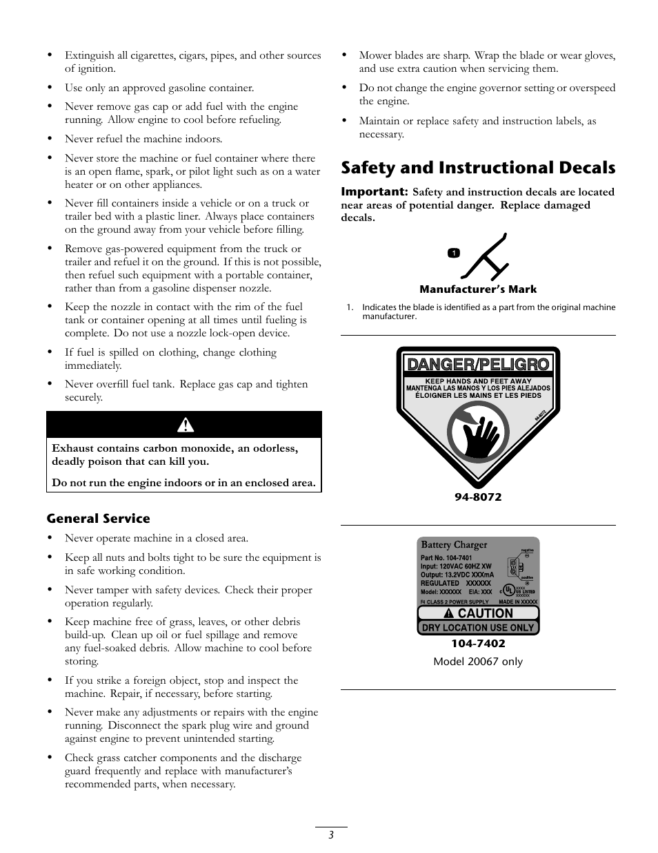 Safety and instructional decals | Toro 20067 User Manual | Page 3 / 20