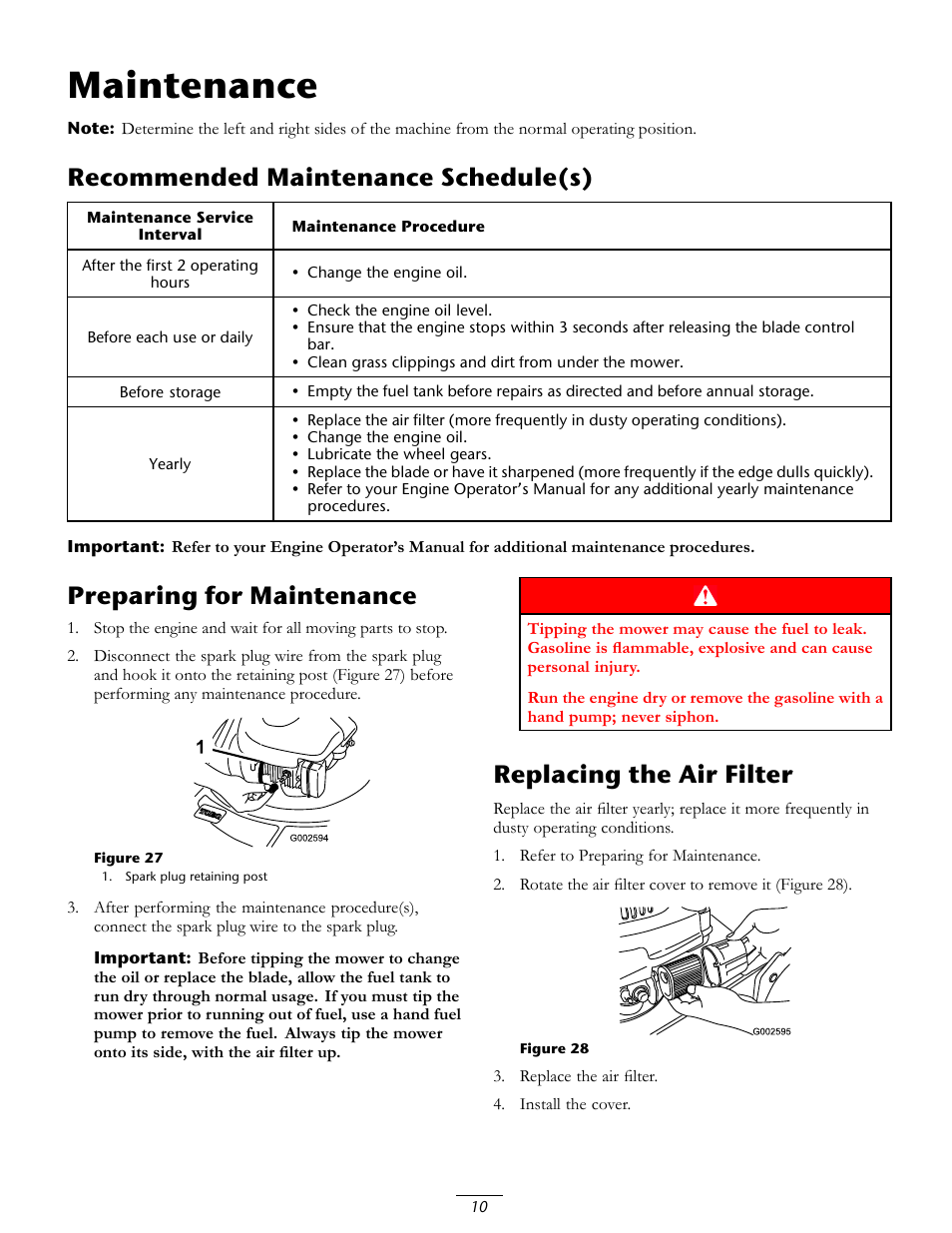 Maintenance, Recommended maintenance schedule(s), Preparing for maintenance | Replacing the air filter | Toro 20016 User Manual | Page 10 / 16