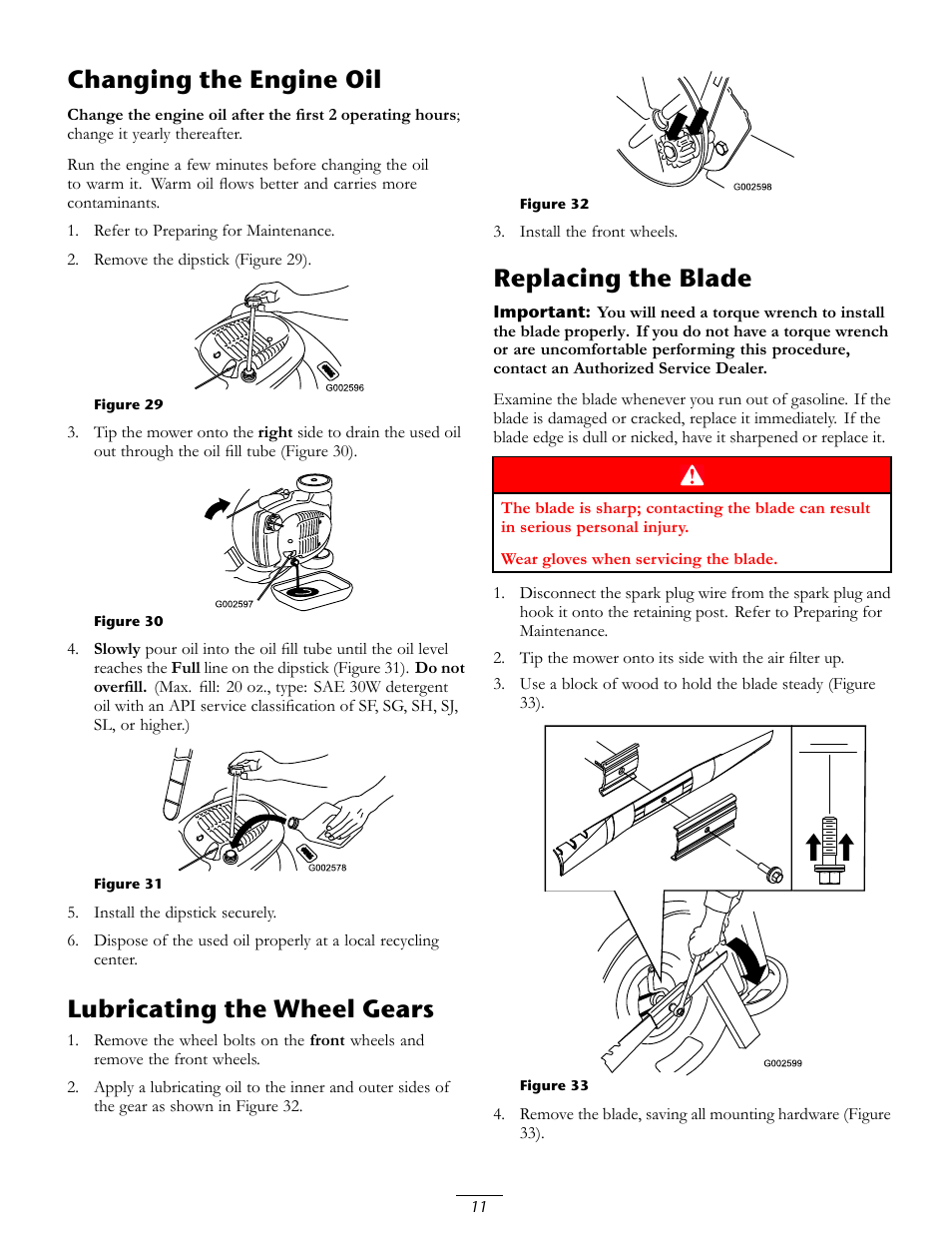 Changing the engine oil, Lubricating the wheel gears, Replacing the blade | Toro 20016 User Manual | Page 11 / 16