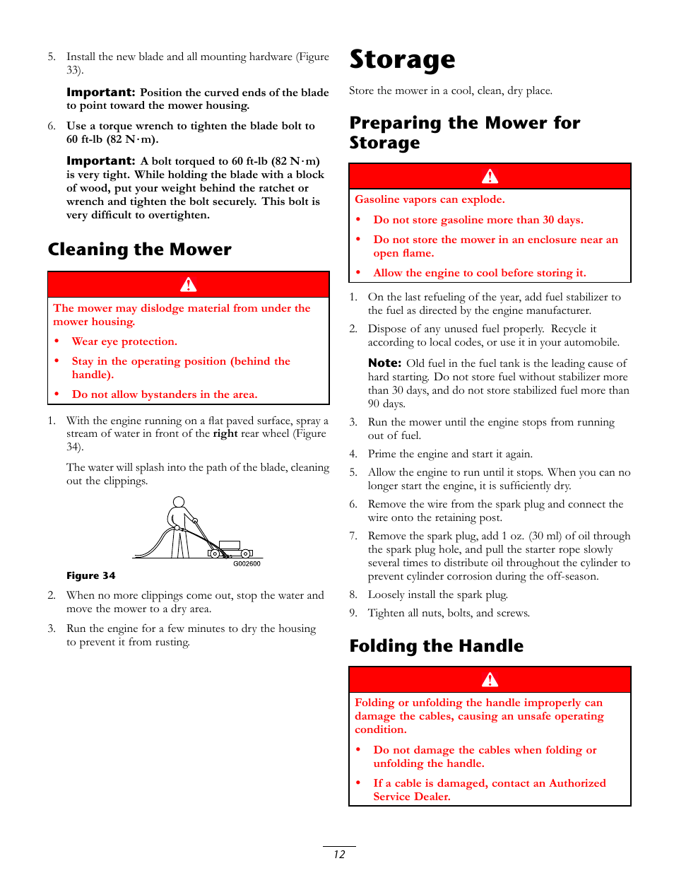 Storage, Cleaning the mower, Preparing the mower for storage | Folding the handle | Toro 20016 User Manual | Page 12 / 16