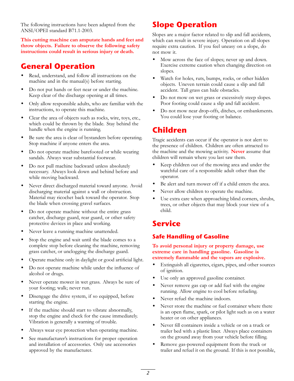 General operation, Slope operation, Children | Service | Toro 20016 User Manual | Page 2 / 16