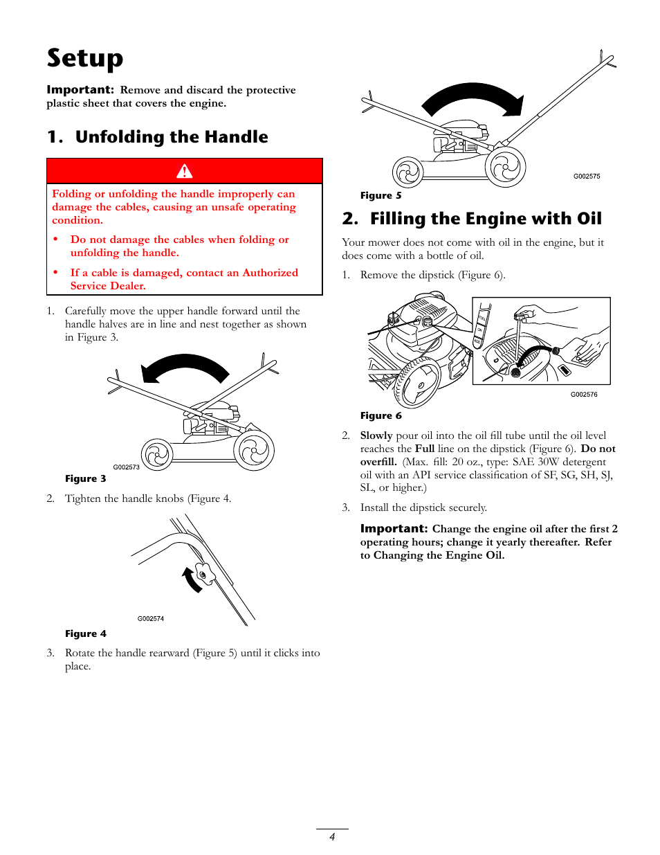 Setup, Unfolding the handle, Filling the engine with oil | Toro 20016 User Manual | Page 4 / 16
