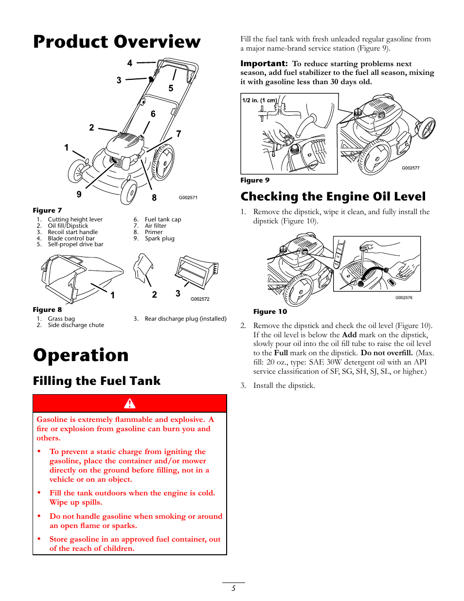 Product overview, Operation, Filling the fuel tank | Checking the engine oil level | Toro 20016 User Manual | Page 5 / 16