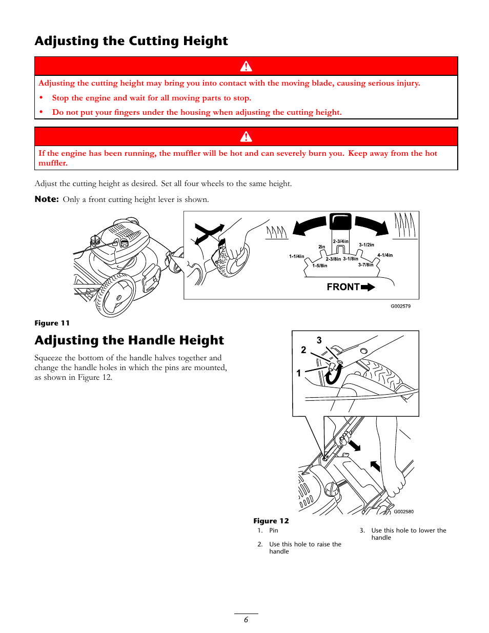 Adjusting the cutting height, Adjusting the handle height | Toro 20016 User Manual | Page 6 / 16