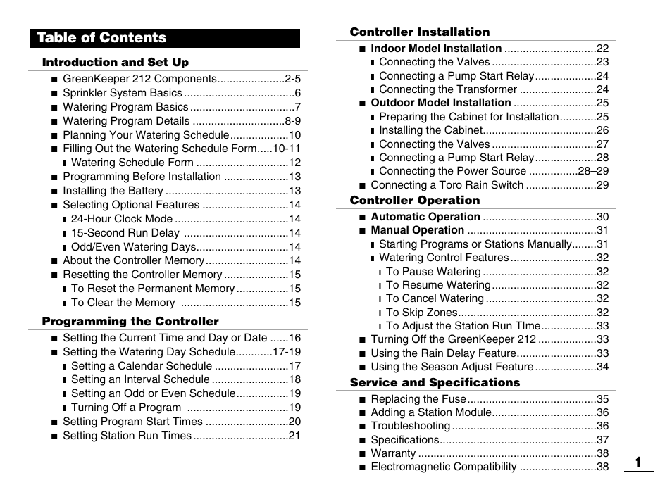 Table of contents 1 | Toro GREENKEEPER 212 User Manual | Page 2 / 39