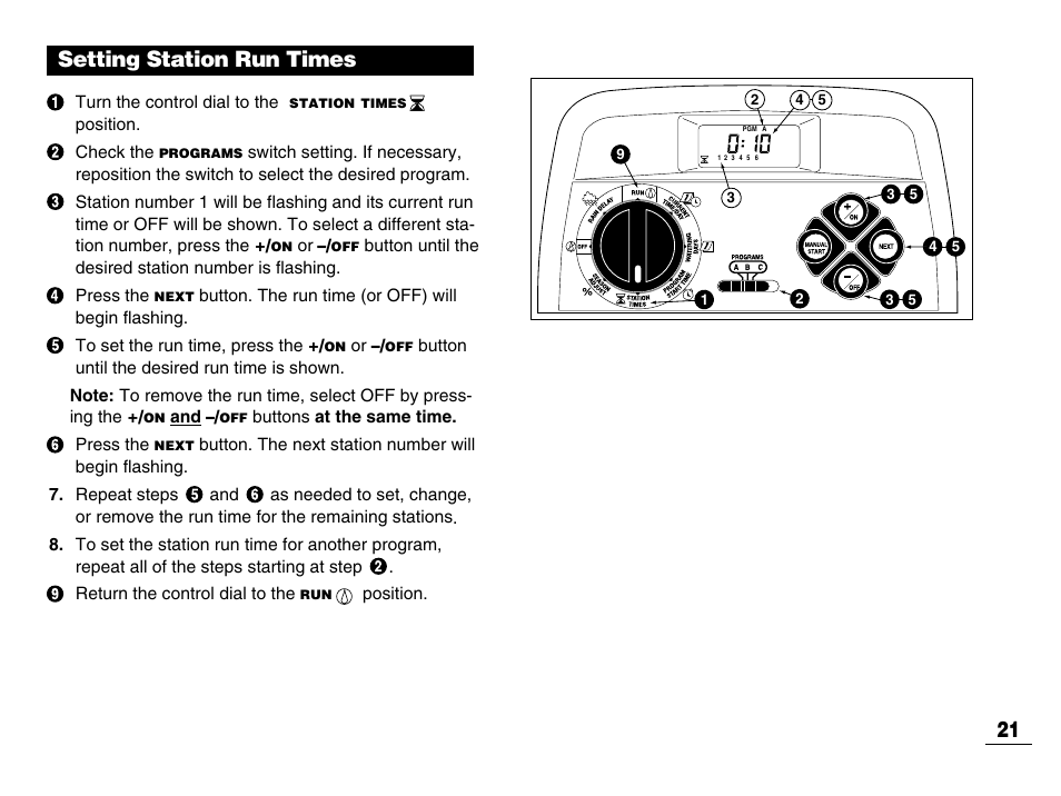 Setting station run times 21 | Toro GREENKEEPER 212 User Manual | Page 22 / 39
