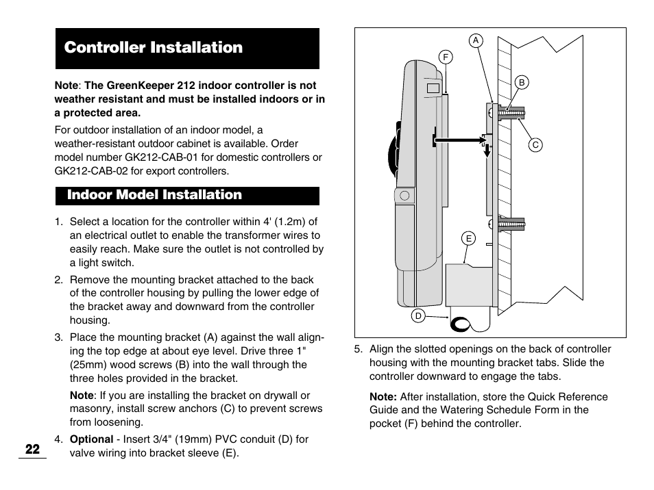 Controller installation, Indoor model installation | Toro GREENKEEPER 212 User Manual | Page 23 / 39