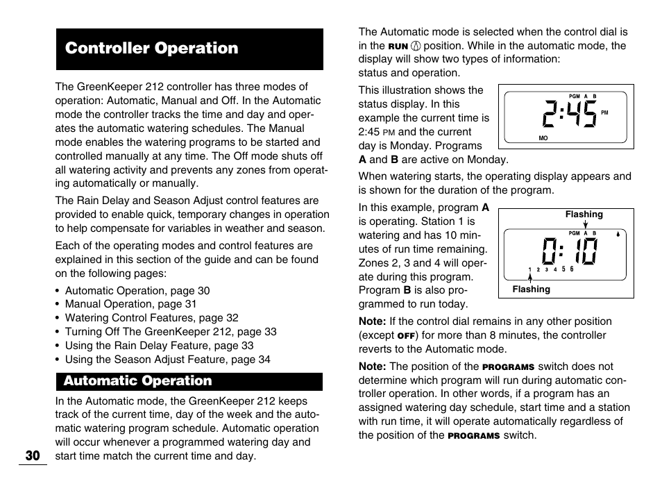 Controller operation, Automatic operation | Toro GREENKEEPER 212 User Manual | Page 31 / 39