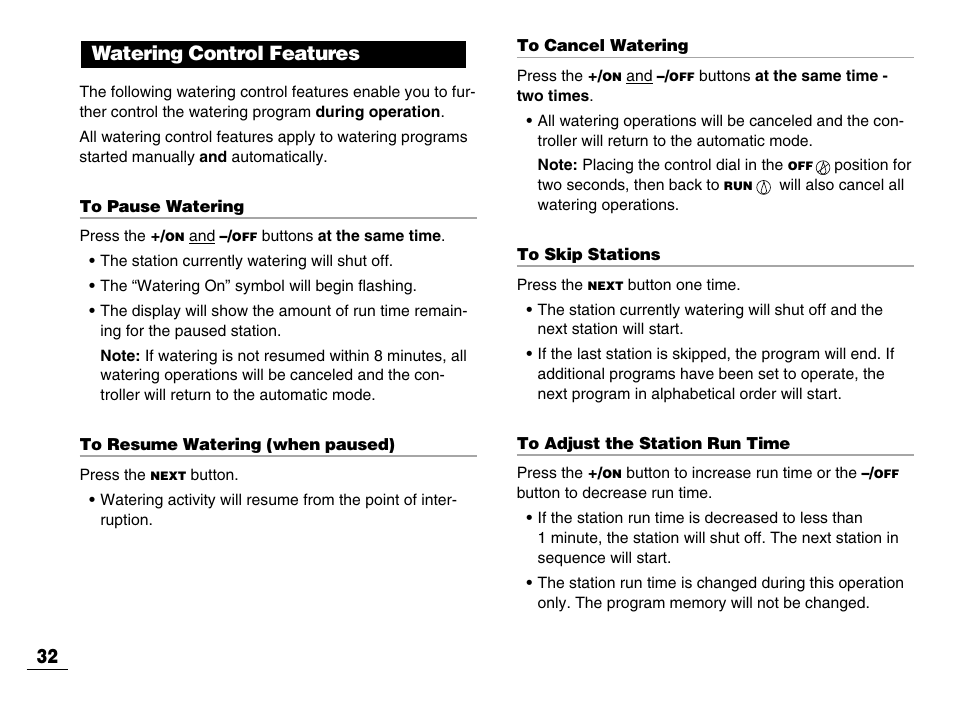 Watering control features 32 | Toro GREENKEEPER 212 User Manual | Page 33 / 39