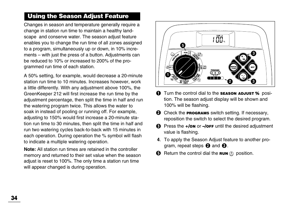 Using the season adjust feature 34 | Toro GREENKEEPER 212 User Manual | Page 35 / 39